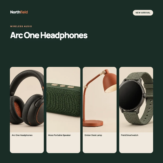 Four fictional products in a reusable social collection layout