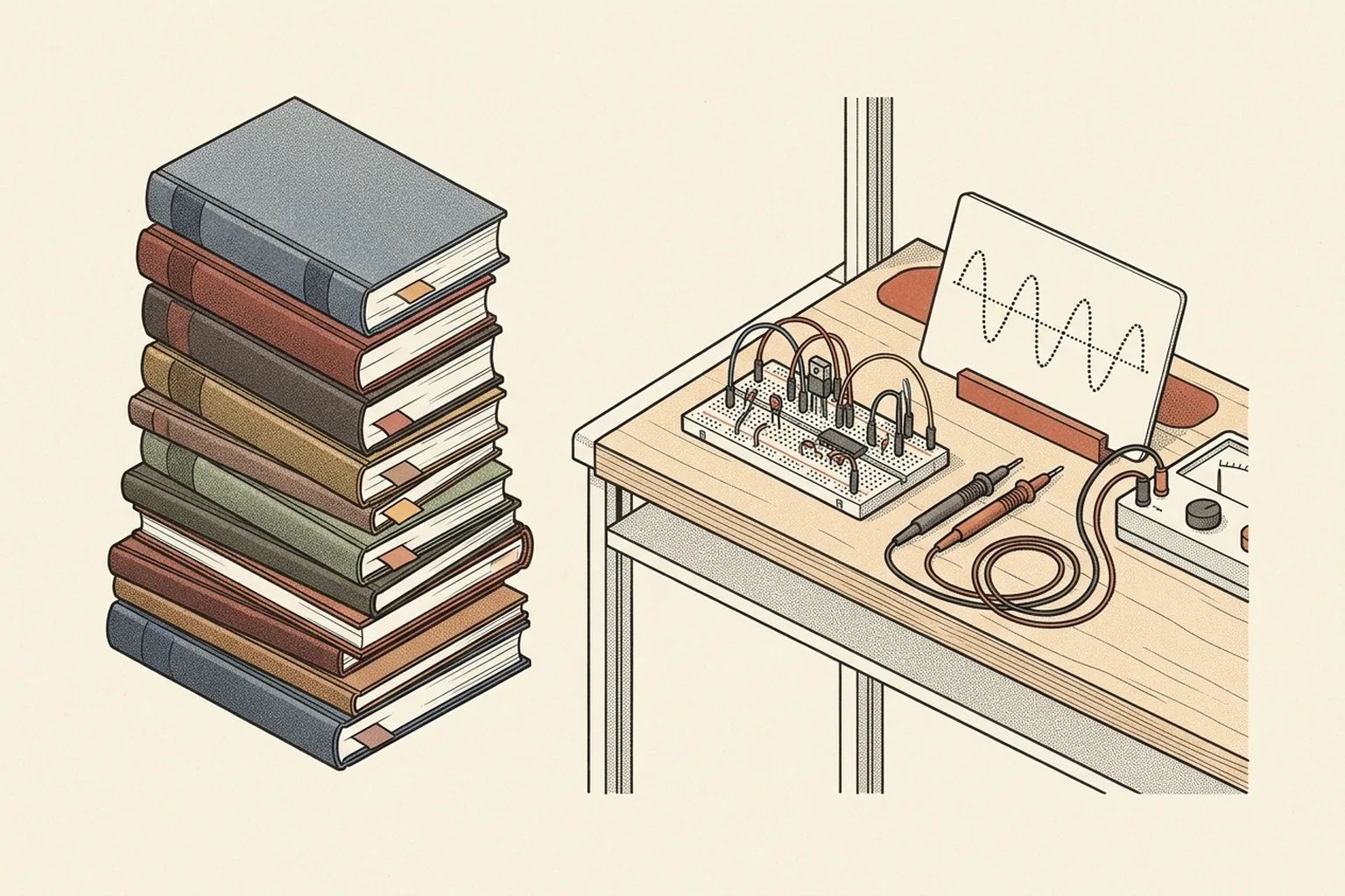 Architectural illustration contrasting a stack of traditional clothbound textbooks with an active modular electronic testing bench.