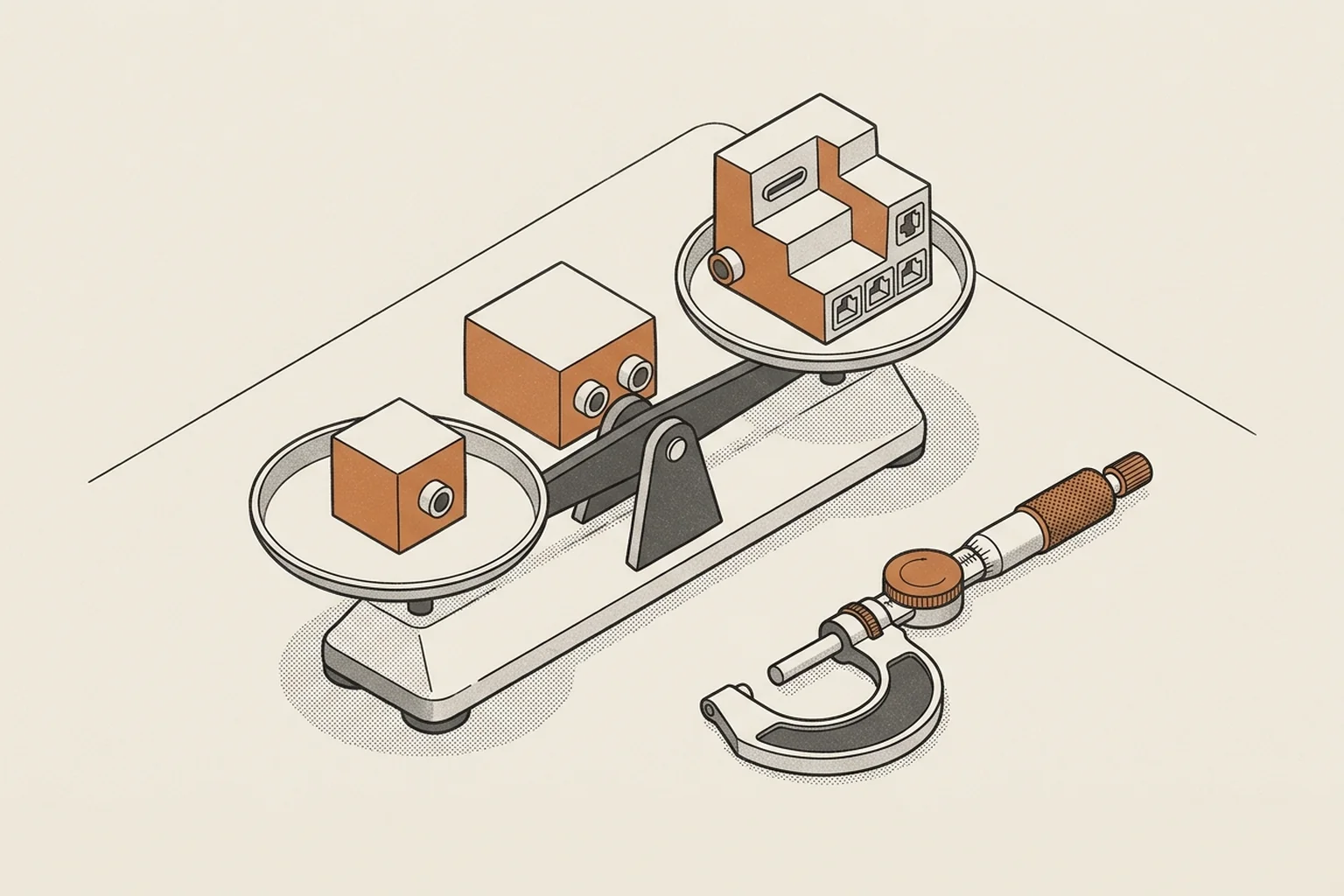 An engineering balance measuring tiered modular architecture blocks beside a precision drafting micrometer.