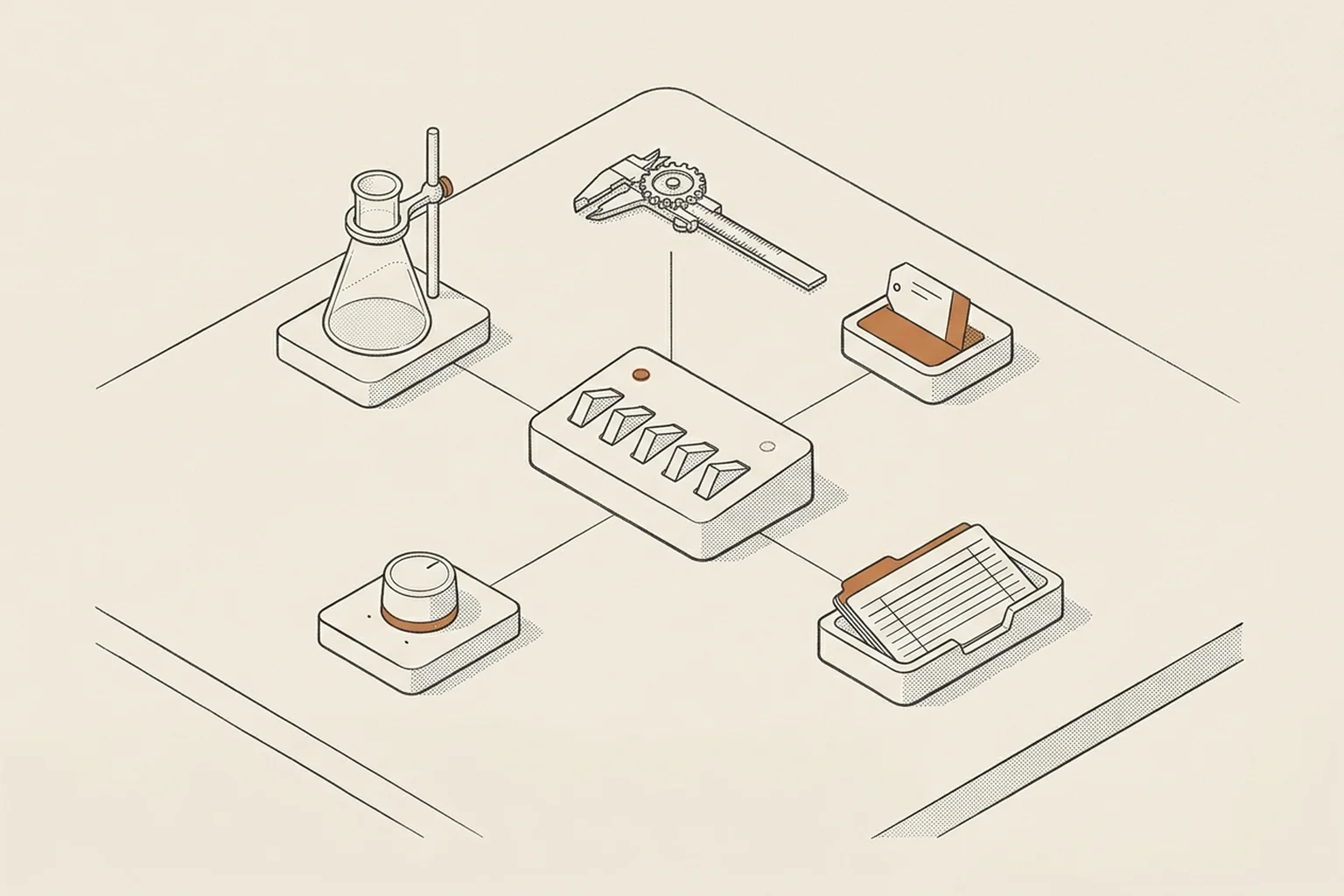 A central controller unit routing autonomous execution signals across diverse industry tool stations.