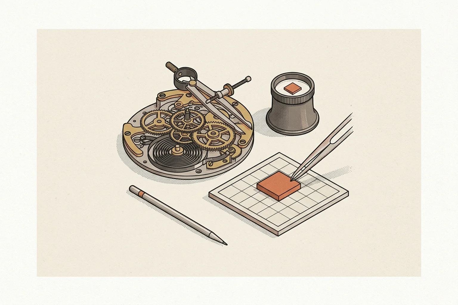 Architectural illustration of an intricate clockwork computing mechanism beside a jeweler loupe and precision stylus adjusting a tile.