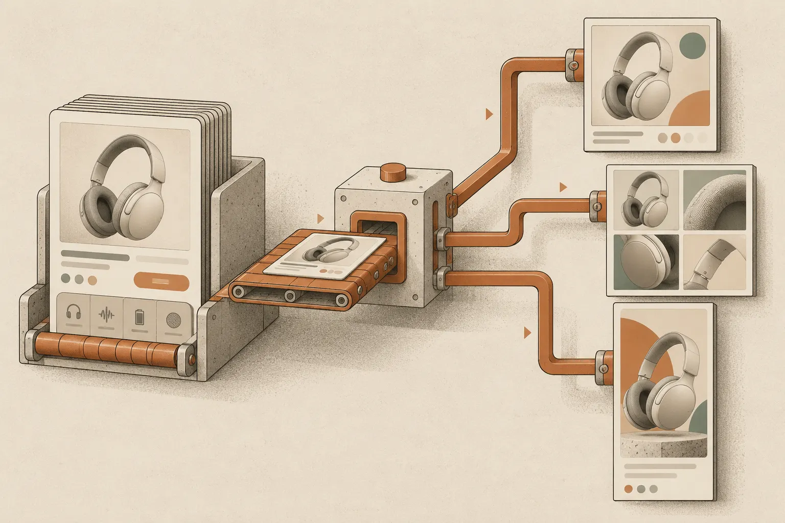 A catalog card with headphones passes through a compact machine and becomes square, collection and vertical social formats.