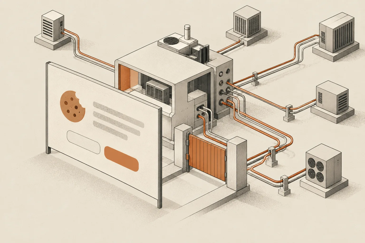 A closed consent gate stands in front of a website machine while hidden pipes already connect it to external systems.