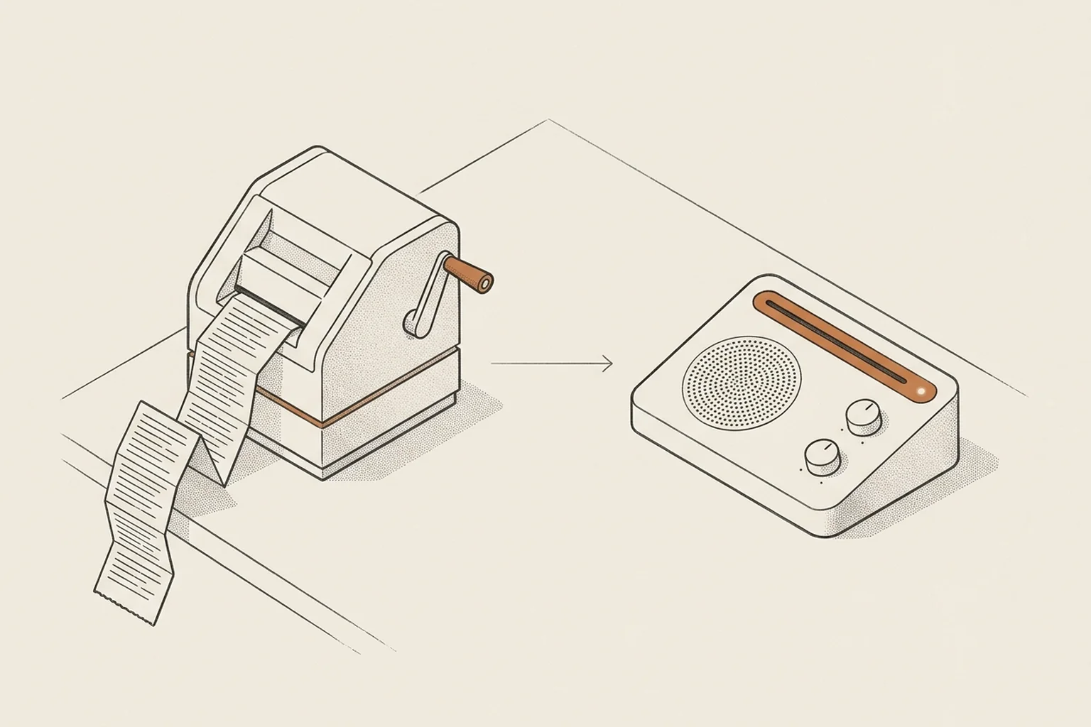 A rigid mechanical FAQ ticket machine contrasted with a modern responsive acoustic communication terminal.