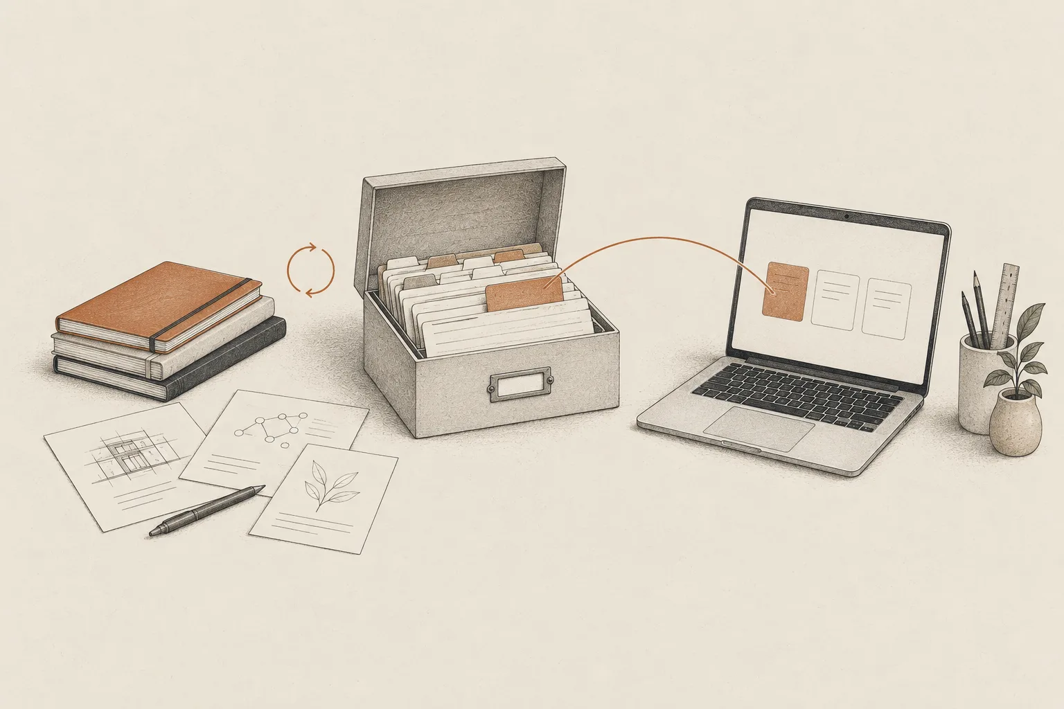 Project notebooks and an organized archive pass a selected context card to a laptop.