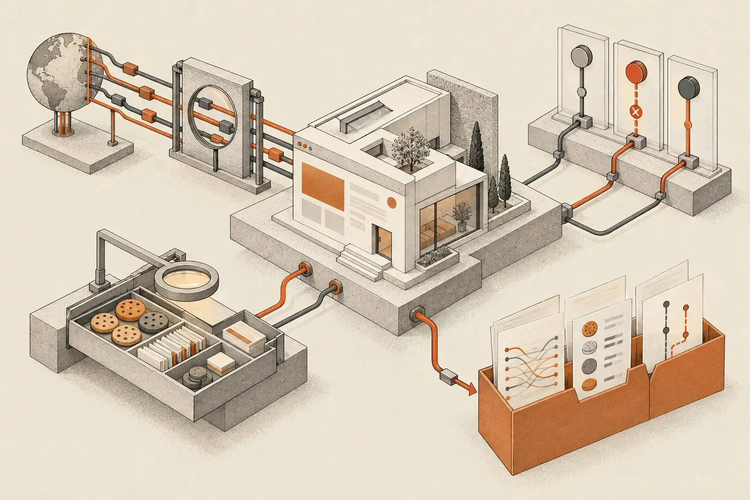 A website model passes through network, storage, and consent inspection instruments that produce an evidence folder.