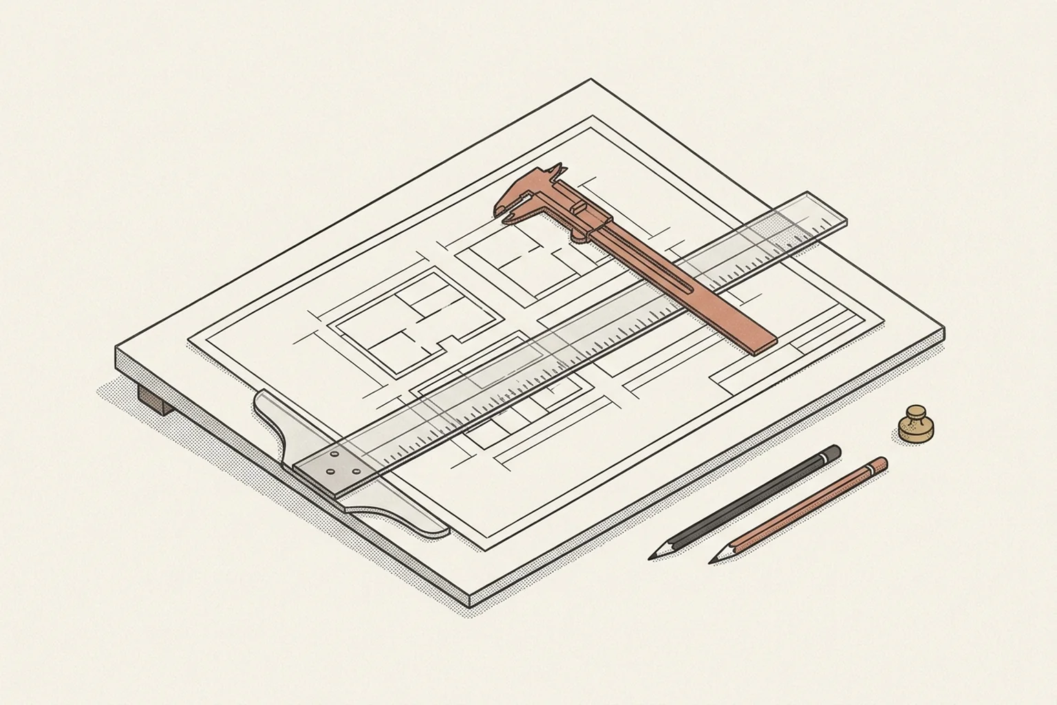 An architectural blueprint framed by a precision drafting T-square and caliper, ensuring disciplined execution.