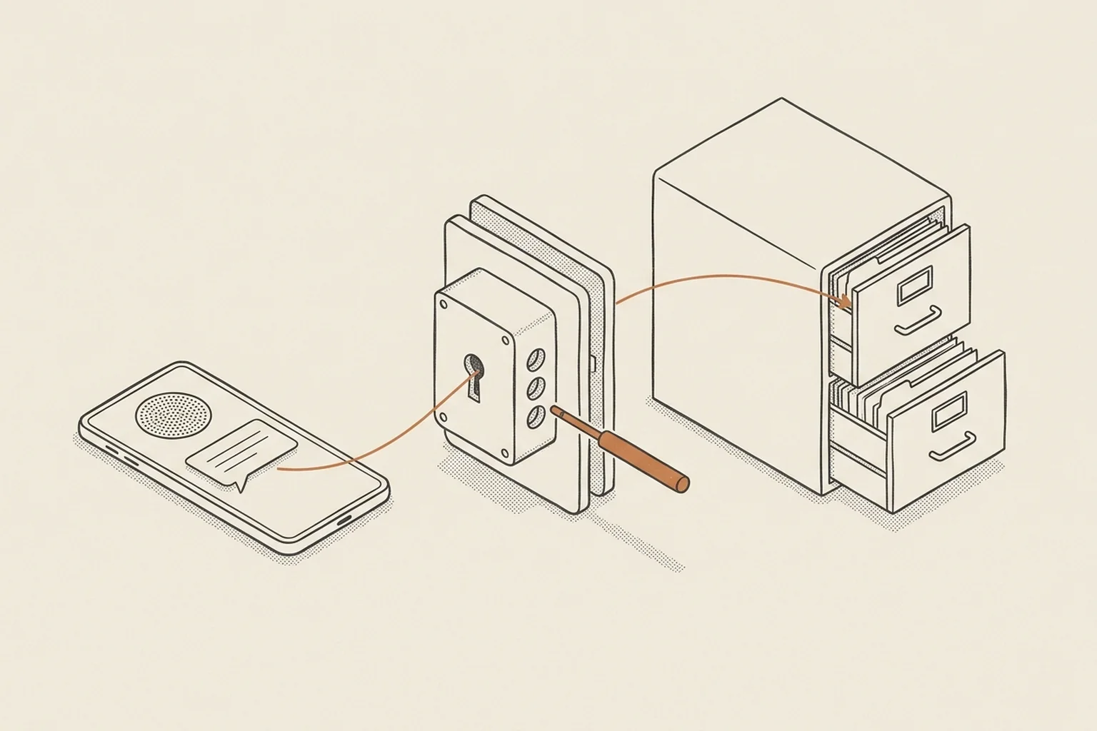 Architectural illustration of a desktop communication handset connected to an enterprise card-index filing cabinet.